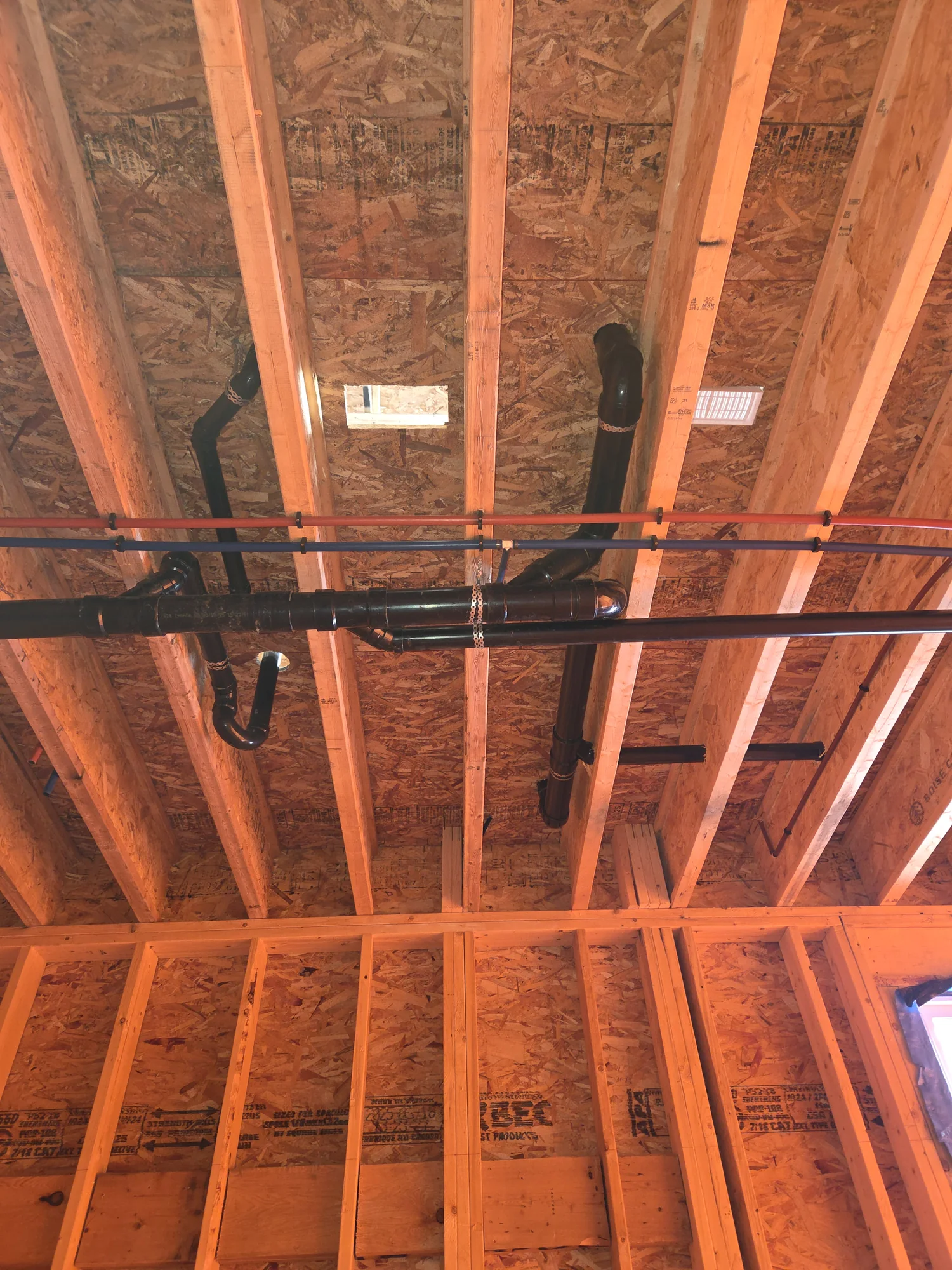 Drain and supply pipes routed beneath ceiling joists