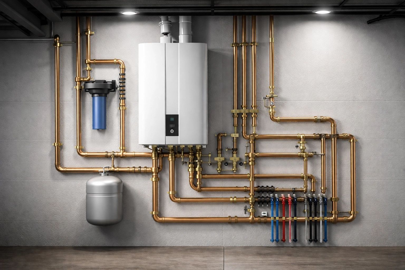 High-efficiency combi boiler and connected plumbing