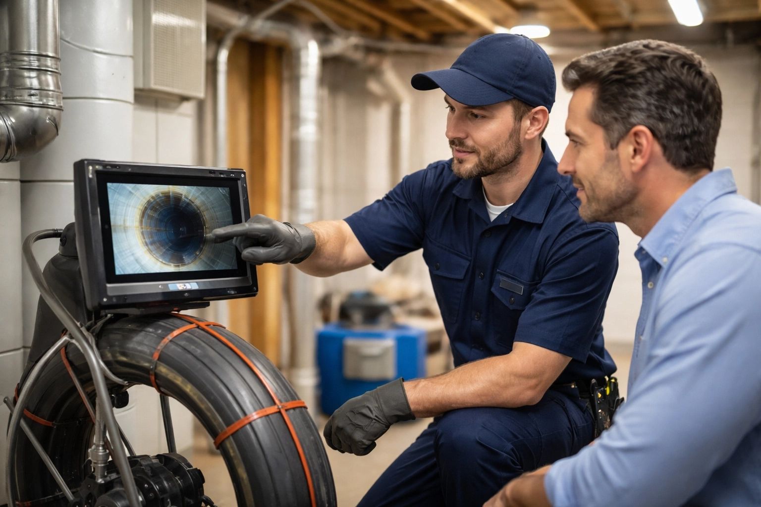 A uniformed plumber explaining an inspection to a customer