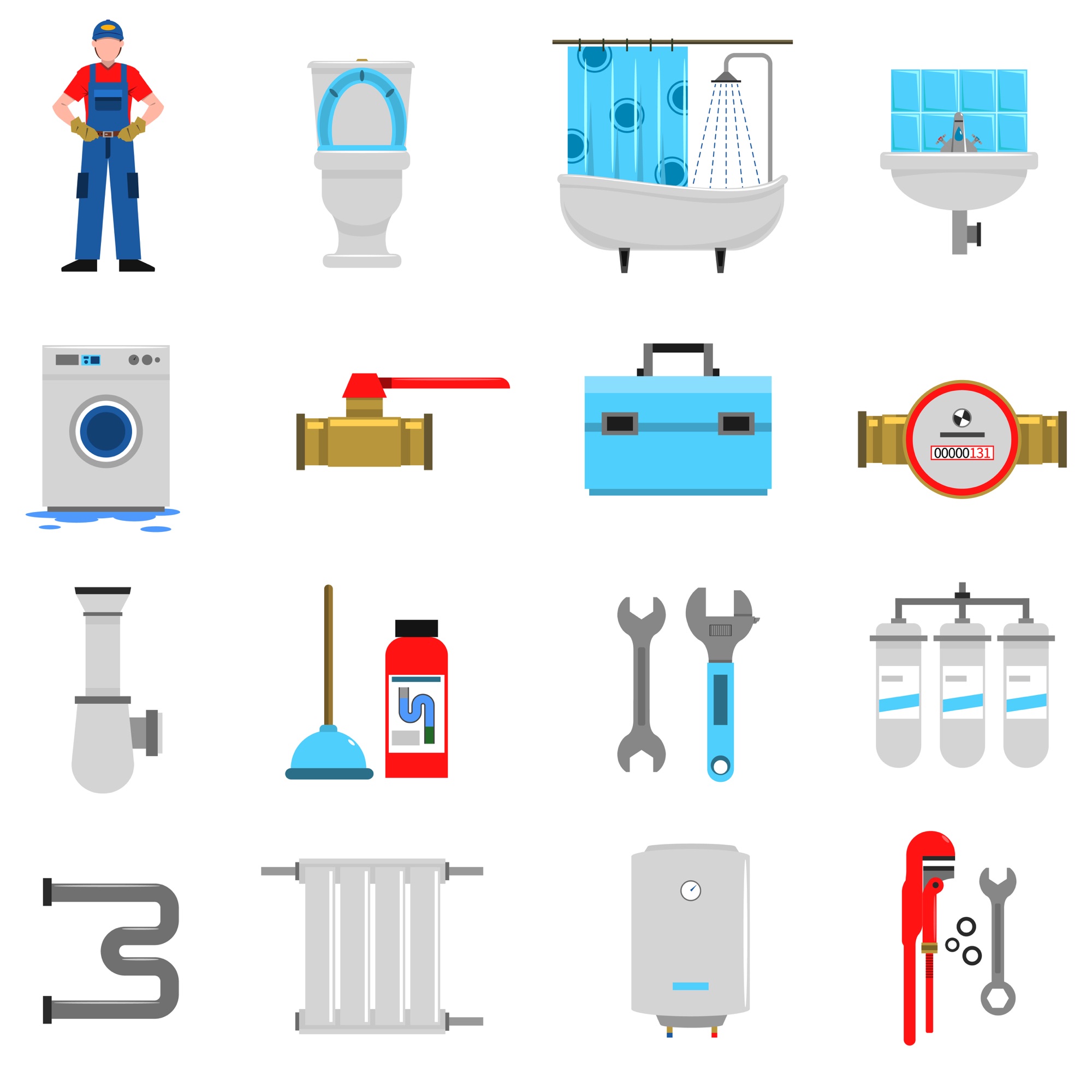 Illustrated grid of plumbing fixtures, tools and equipment